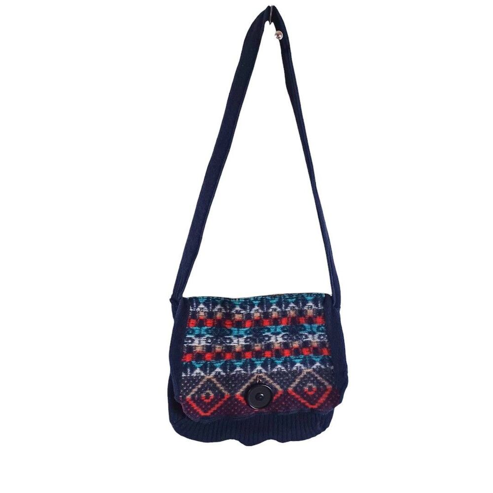Southwestern Navy Fair Isle Knit Crossbody Bag Boho Aztec Button Flap Purse - Picture 3 of 10